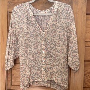 ESQUALO Red and Cream Relaxed Blouse with Mandarin Collar